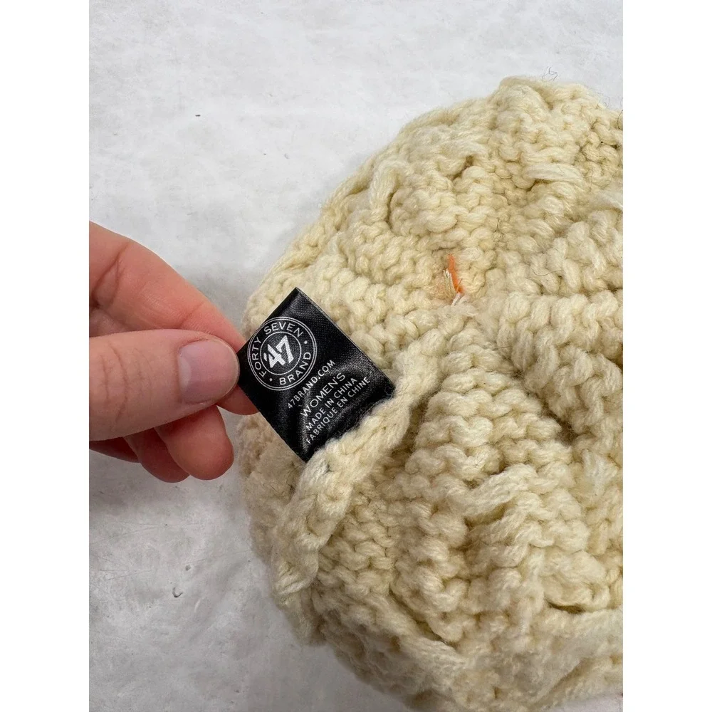 47 Brand Denver Broncos Women's Cable Knit Pom Beanie Hat Cream Orange NFL